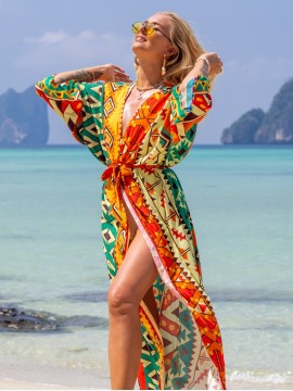 Women's Kaftan Beach Smock Positioning Print Cotton Long Cardigan Sun Protection Resort Seaside