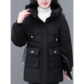 1pc Winter Women'S Casual Hooded Coat, Thickened Cotton Jacket with Zipper, Solid Color Polyester Non-Stretch Regular Length Outerwear