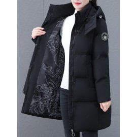 Elegant Plus Size Long Length Hooded Winter Coat with Zipper, 100% Polyester Non-Stretch Casual Style Jacket, Solid Color Warm Padded Outerwear with Regular Sleeves - Winter Collection