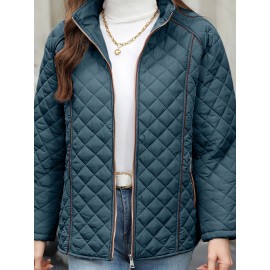 Women's Oversized Polyester Coat, Casual Hug Fit, Small Stand Collar, Long Sleeve, Zipper Closure, Autumn And Winter Warm Coat