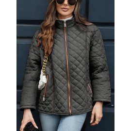 Women's Oversized Polyester Coat, Casual Hug Fit, Small Stand Collar, Long Sleeve, Zipper Closure, Autumn And Winter Warm Coat