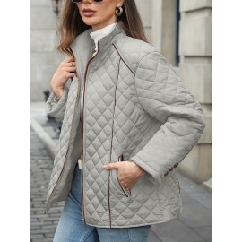 Women's Oversized Polyester Coat, Casual Hug Fit, Small Stand Collar, Long Sleeve, Zipper Closure, Autumn And Winter Warm Coat