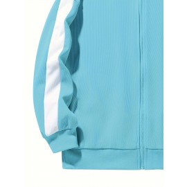 Chic Plus Size Women's Hooded Jacket - Color Block, Zip-Up Outdoor Coat With Drawstring & Pockets For Fall/Winter