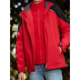 Women's Plus Size Outdoor 3-in-1 Jacket, Colorblock Waterproof Hooded Zip-up Windbreaker, Ideal For Autumn/Winter Hiking & Sports