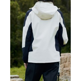 Plus Size Women's Fashion Hooded Jacket - Stylish Color Block Design, Long Sleeve with Adjustable Drawstring Waist, Water-Resistant and Breathable Fabric for Outdoor Enthusiasts, Perfect for Fall and Winter Activities