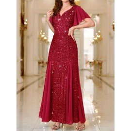 Elegant Sequin Sweetheart Neck Maxi Dress - Bodycon Fit, Micro Elastic Polyester, Puff Sleeves, Solid Color, Hand Wash - Perfect for Party & Banquet, Womens Clothing