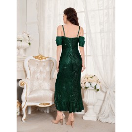 Stunning Sequined Fitted V-Neck Dress - Glamorous Ruffle Trim, Split Hem, Mid-Elastic Polyester Fabric, Elegant Solid Color Design for Wedding, Engagement, Party, and Banquet Occasions