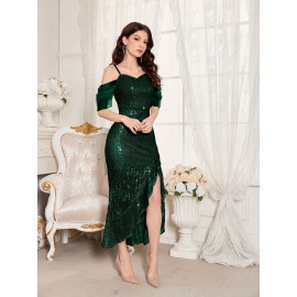 Stunning Sequined Fitted V-Neck Dress - Glamorous Ruffle Trim, Split Hem, Mid-Elastic Polyester Fabric, Elegant Solid Color Design for Wedding, Engagement, Party, and Banquet Occasions