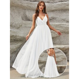 Elegant Sequined Mesh Big Swing Sleeveless Bridesmaid Dress, V-Neck Splicing Wedding Party Dress for Women