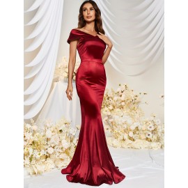 1pc MUXXN Elegant Satin Mermaid Gown for Women - Off the Shoulder Cap Sleeve Bodycon Floor-Length Dress, Solid Color Knit Fabric, All-Season Bodycon for Wedding Bridesmaid