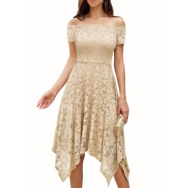 Women's Lace Cocktail Dress Hi-Lo Off Shoulder Bridesmaid Swing Formal Party Dress