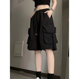 Stylish Flap Pocket Cargo Shorts - Elastic Waist, Drawstring, Casual, Comfortable, Breathable, Quick-Drying, Spring & Summer Essentials - Women's Clothing for Outdoor Activities