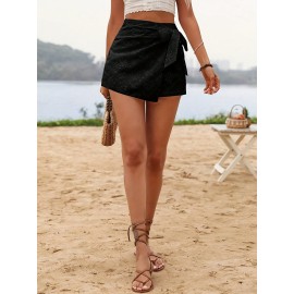 Womens Elegant High Waist Solid Color Eyelet Wrap Tie Skort - Lace Up, Micro Elastic Polyester Fabric, No Printing, Woven, Summer Vacation Style - Comfortable and Chic Short Skort for Women