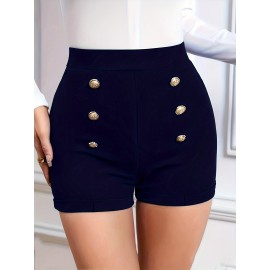 High Waist Womens Shorts - Fashionable Solid Color with Eye-Catching Buttons - Comfy Casual Style for Everyday Wear - A Trendy Closet Essential
