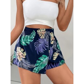 Stylish Women's Leaf Print Wide Leg Shorts - Casual Shirred Elastic High Waist Shorts for Spring & Summer