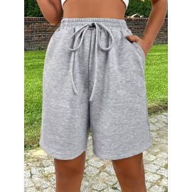 Stretchy Slant Pocket Drawstring Shorts - Ultra-Comfy Casual Elastic Waist Shorts with Micro Elasticity for Spring & Summer - Womens Polyester Solid Color Knit Fabric Shorts with Lace Up Closure and Machine Washable Design