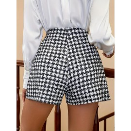 Elegant Women'S Houndstooth Shorts, Polyester Blend, Pleated High-Waisted Shorts, Woven Fabric, for Spring/Summer/Fall